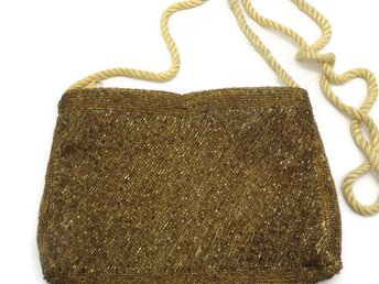 Golden Beaded Long Handled Evening Bag, Vintage Boho Purse