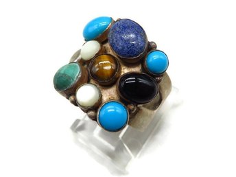 Sterling Silver Multi-Stone Ring, Turquoise Lapis Malachite Onyx Mother of Pearl Tiger's Eye Size 5