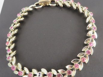 Pink Rhinestone Bracelet, Vintage Coro Gold Tone Link Bracelet, Minor Flaw