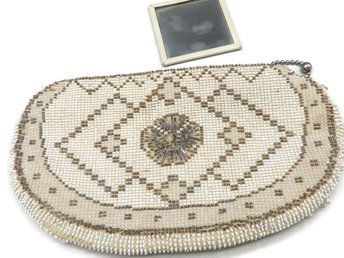 Art Deco Clutch Purse, Cream Beaded Evening Bag w/Mirror