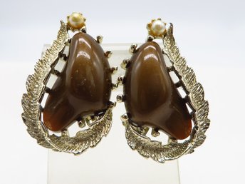 Coro Brown Lucite Gold Tone Clip-on Earrings
