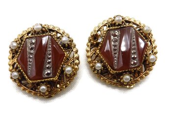 Signed ART Brown Button Lucite and Faux Pearl Clip-on Earrings