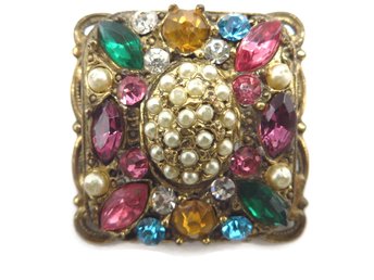 Karu Fifth Avenue Multi-Color Glass and Faux Pearl Brooch