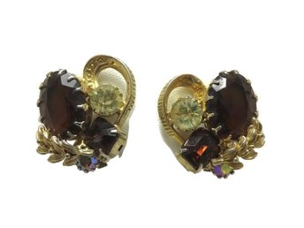 Weiss Brown Rhinestone Champagne Gold Clip-on Earrings
