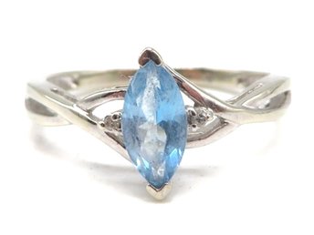 10k White Gold Blue Topaz and Diamond Ring, Size 7