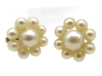 14K Gold Culture Pearl Cluster Pierced Stud Earrings