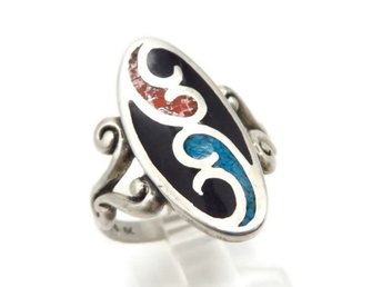 Sterling Silver Zuni Ring Onyx, Coral, and Turquoise Inlay Ring Size 7.5