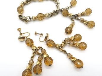 Eisenberg Bracelet Earrings Set, Golden Brown Rhinestone Demi Parure, 1940's Jewelry