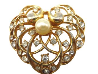 signed Jolle Gold Tone Faux Pearl Heart Brooch