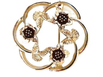 Sarah Coventry Circle Brooch, Cranberry Flowers, Golden Leaves Pin