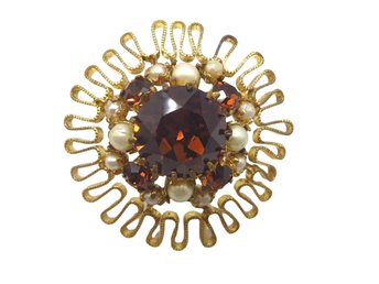 Austrian Crystal Golden Brown and Faux Pearl Brooch