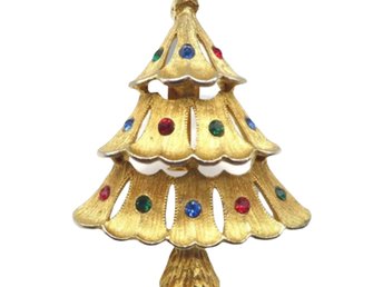 JJ Gold Tone Rhinestone Christmas Tree Brooch