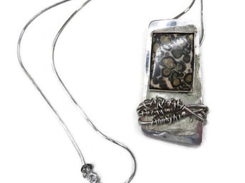 Sterling Silver Jasper Pendant Necklace Modernist Jewelry