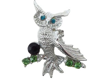 Rhinestone Studded Silver Tone Owl Brooch