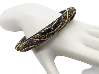Black Beaded Bangle, Vintage Black Rhinestone Brass Studded Bracelet, Boho Bangle