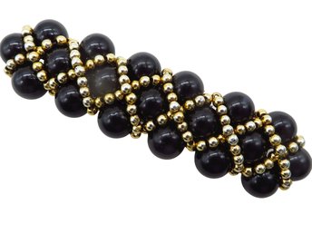 Black and Gold Bead Barrette, Vintage Hair Clip