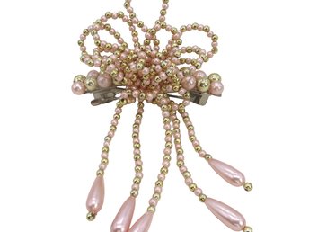 Pink Pearl Barrette, Dangling Pink and Gold Bead Hair Clip