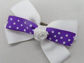 Polka Dot Grosgrain Hair Bow, White and Purple Bow with White Rose, Vintage Barrette