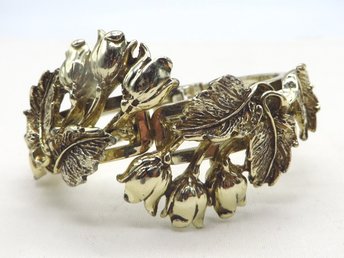 Flowery Hinged Bangle, Pale Gold Tone Clamper Bracelet, Vintage Jewelry