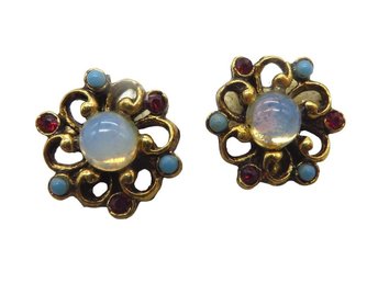 Faux Opal Rhinestone Blue Cabochon Floral Clip-on Earrings