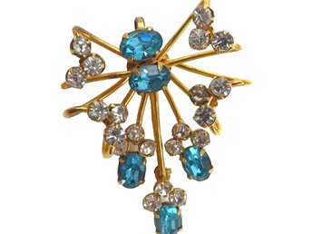 Antoinette Gold Filled Blue Rhinestone Flower Brooch