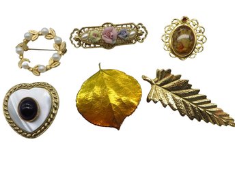 Vintage Brooch Lot, Pearl Wreath, Heart, Flower Bar Brooch, 2 Leaves, Angel Lapel Pin