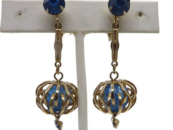 Dangling Bright Blue Rhinestone Clip-on Earrings
