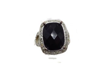 Black Faceted Lucite Rhinestone Silver Tone Fashion Ring, Size 9.5