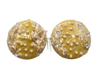 Cream Button Faux Pearl, Rhinestone Clip-on Earrings