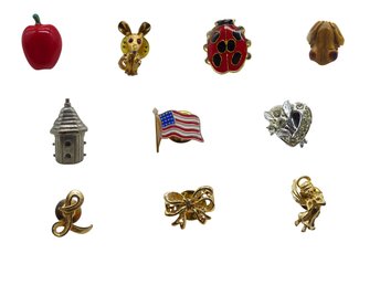 Vintage Lapel Pins, Lot of 10: Angel, Apple, Bow, Castle, Frog, Heart, Ladybug, Flag, Initial L, Mouse