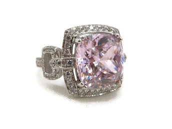 Pink and Clear CZ Steel Band Cocktail Ring, Size 7