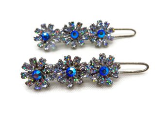Vintage Rhinestone Flower Hair Clips, Clear and Blue Floral Barrette Pair