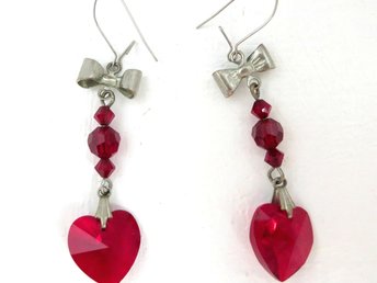 Red Heart Dangling Bow Crystal Rhinestone Pierced Earrings
